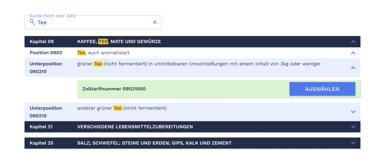 Zolltarifnummernsuche