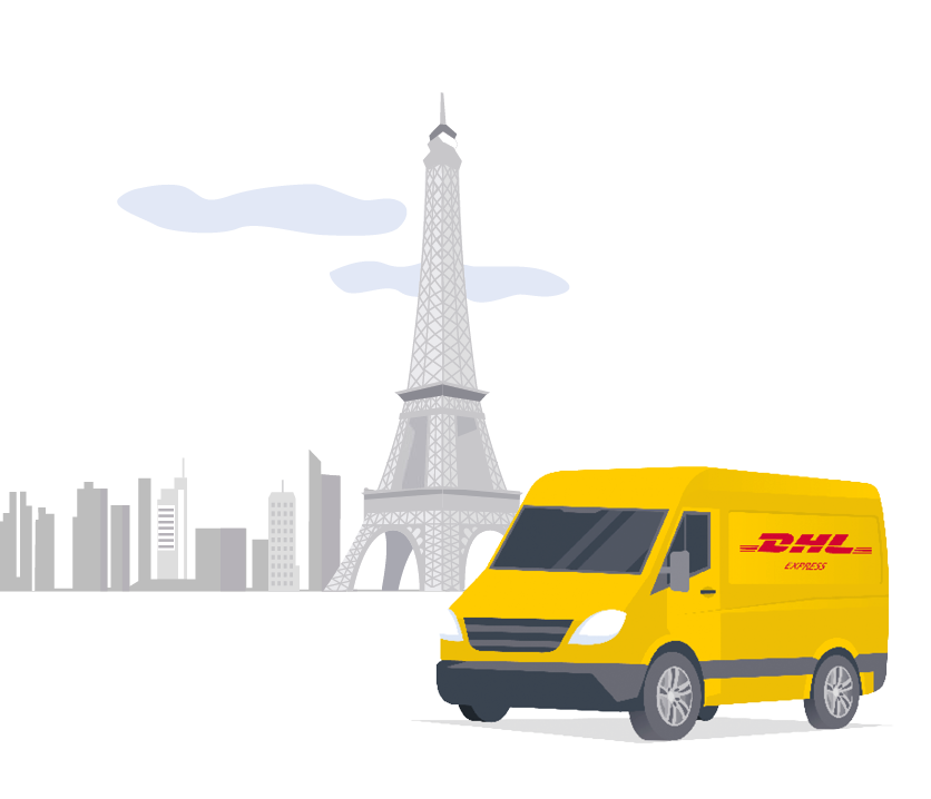 DHL Versand nach Frankreich - DHL Express Lieferfahrzeug vor dem Eifelturm in Paris
